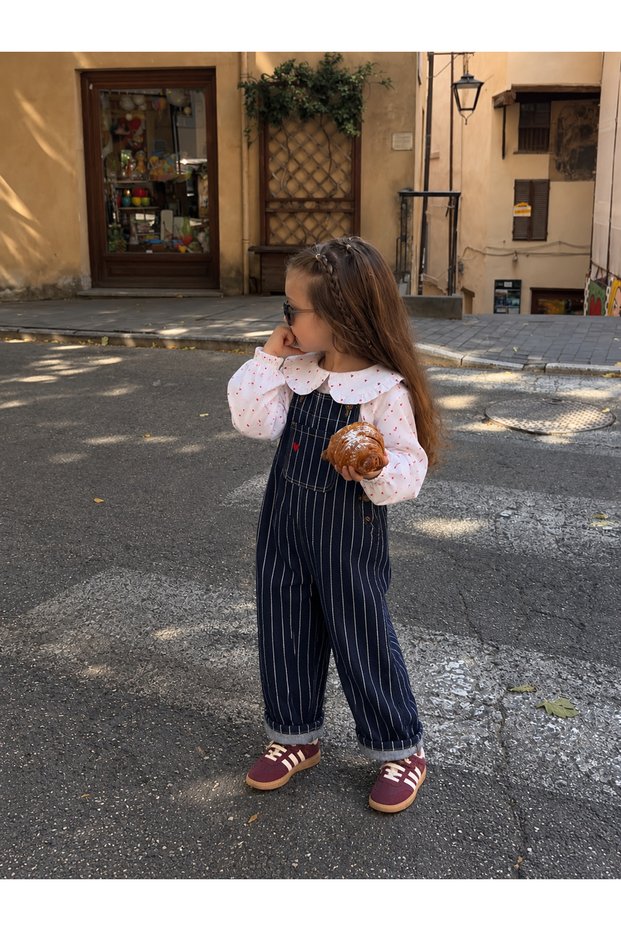My Little One's Girls' Suit with Heart Embroidered Salopet and Shirt - Navy Blue
