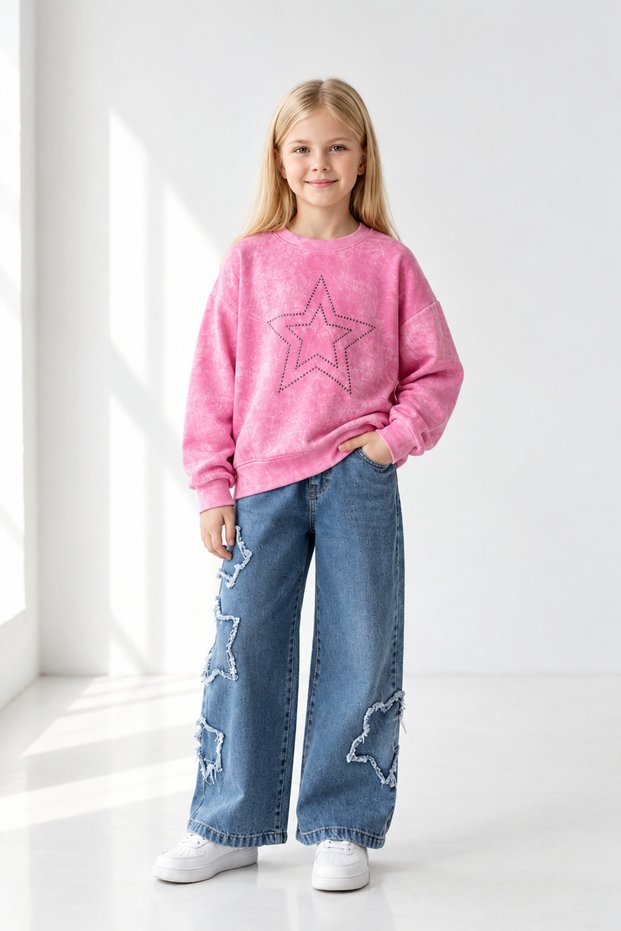 Girls' Suit Top and Bottom Set Transitional and Winter 2-Thread Cotton Fabric with Denim Pants Inside Without Lining