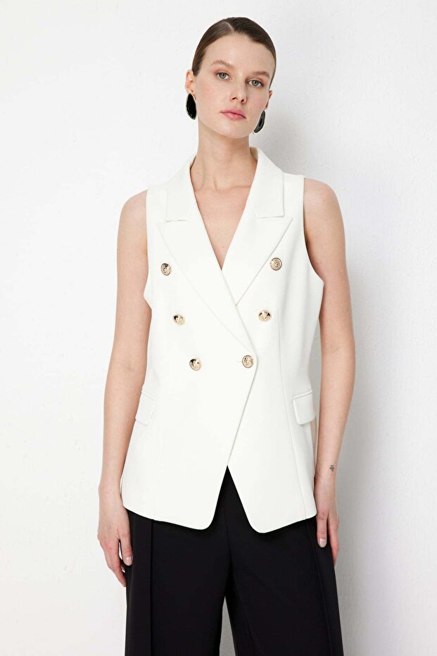 Women's Double Breasted Shawl Collar Sleeveless Woven Vest with Ornamental Pocket and Button Detail 26Yekl01062