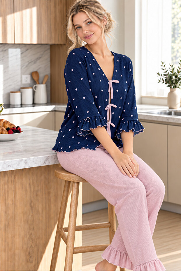 Heart Patterned Crinkled Knitted Long Sleeve Women's Robe Pajama Set