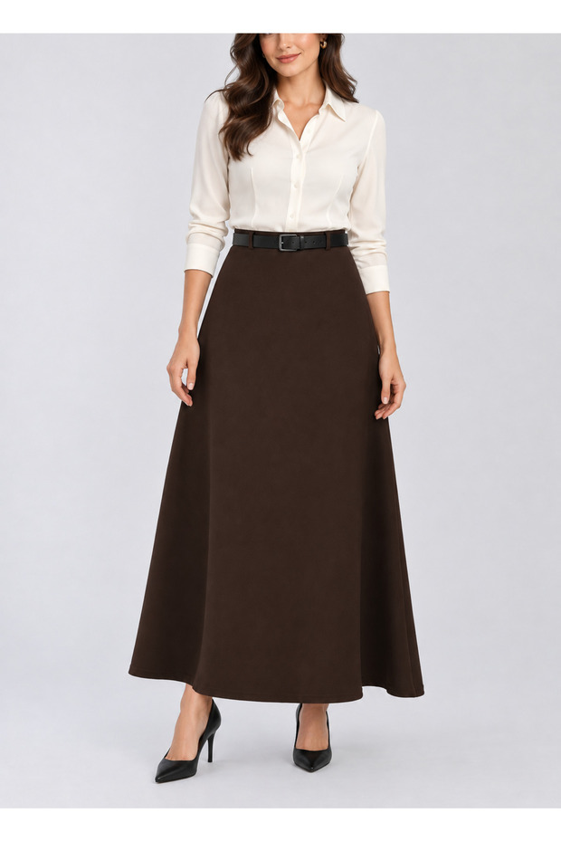 Belt-Detail Maxi Size Loose Brown Woven Skirt