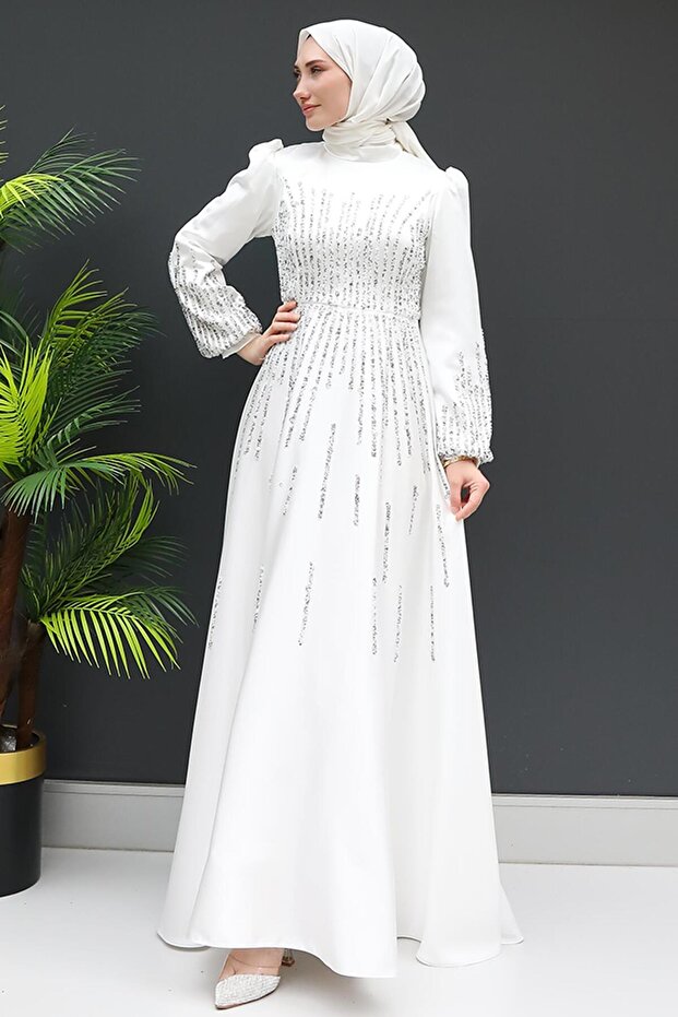 Aysu Stone Hijab Evening Dress White