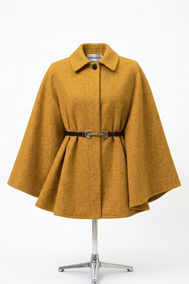 Cloak Poncho with Belt Product Length 77cm Wool Cloak 2026002 Mustard