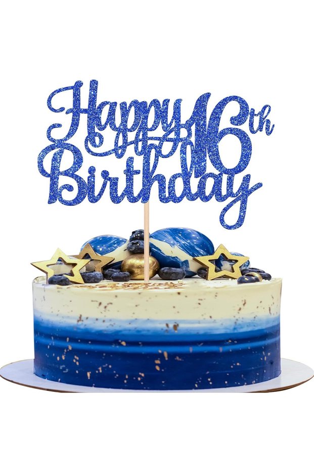 Blue 1 PCS Happy 16th Birthday Cake Topper Cheers to 16 Years Birthday Cake Decoration for Happy 16t