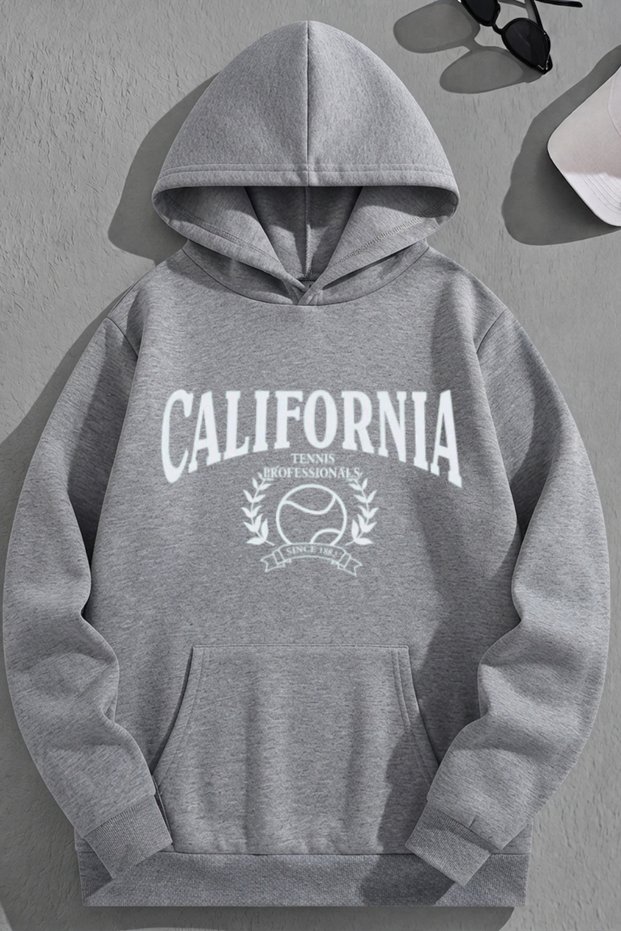 Unisex 3 Thread Cotton Gray Califtennis Print Loose Fit Sweatshirt Hoodie