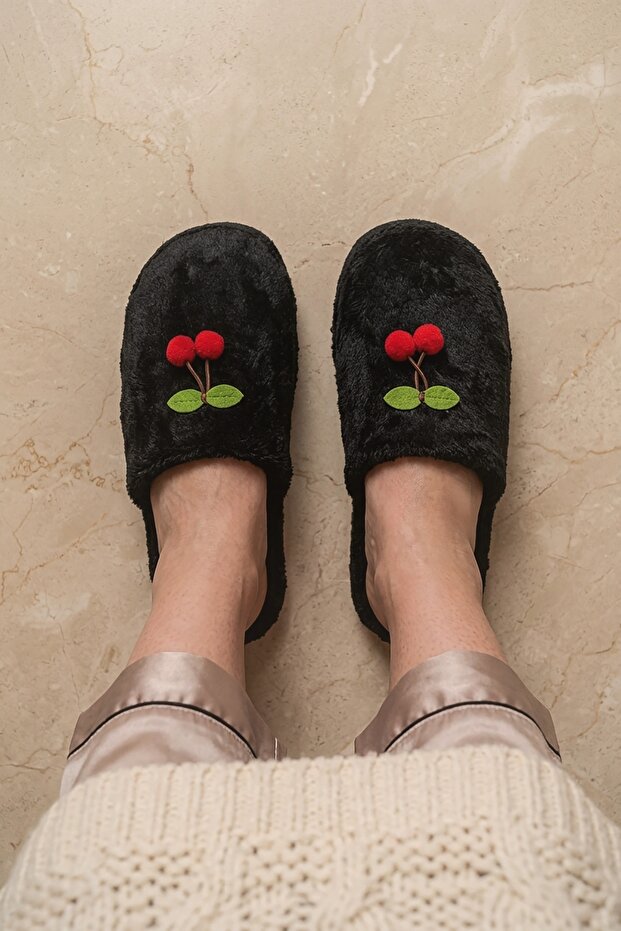 Plush Women's House Slippers with Cherry Detail - Cute Design Warm Black Room Slippers