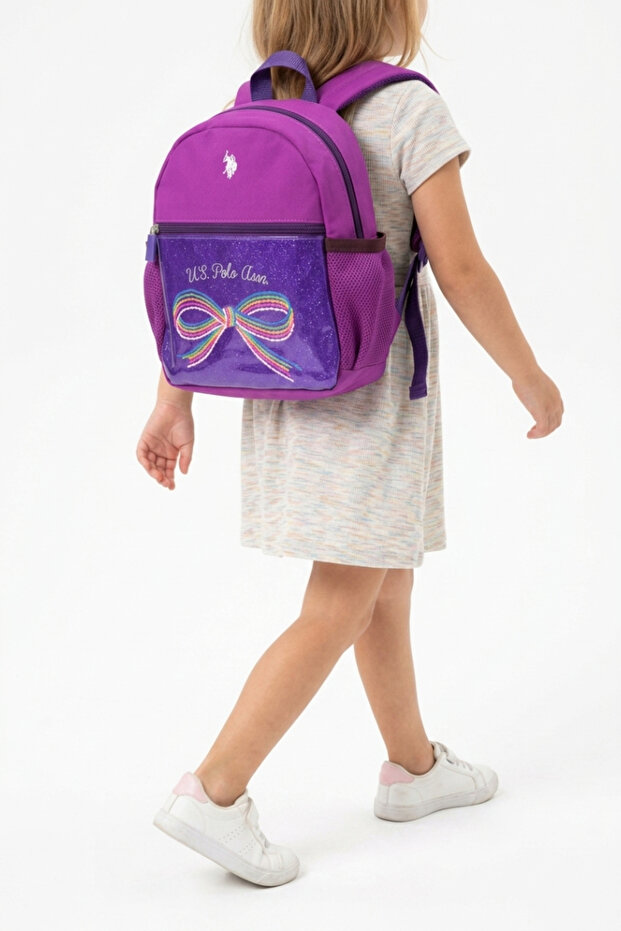 Girl's Backpack with Bow Pattern, Glittery, Multi-Compartment, Zippered, School and Daily Use Bag Plcan 26129