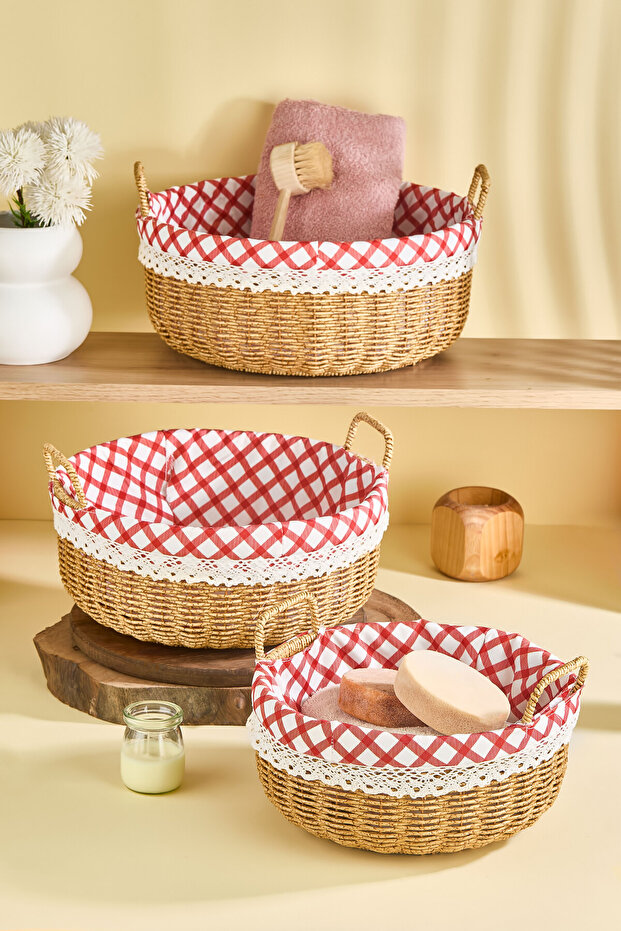 Rattan-look round 3-piece multi-purpose organizer basket set with handles and plaid fabric