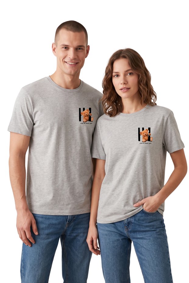 Nice to Meet You Teddy Bear Printed Gray T-Shirt 100% Cotton Comfortable Fit