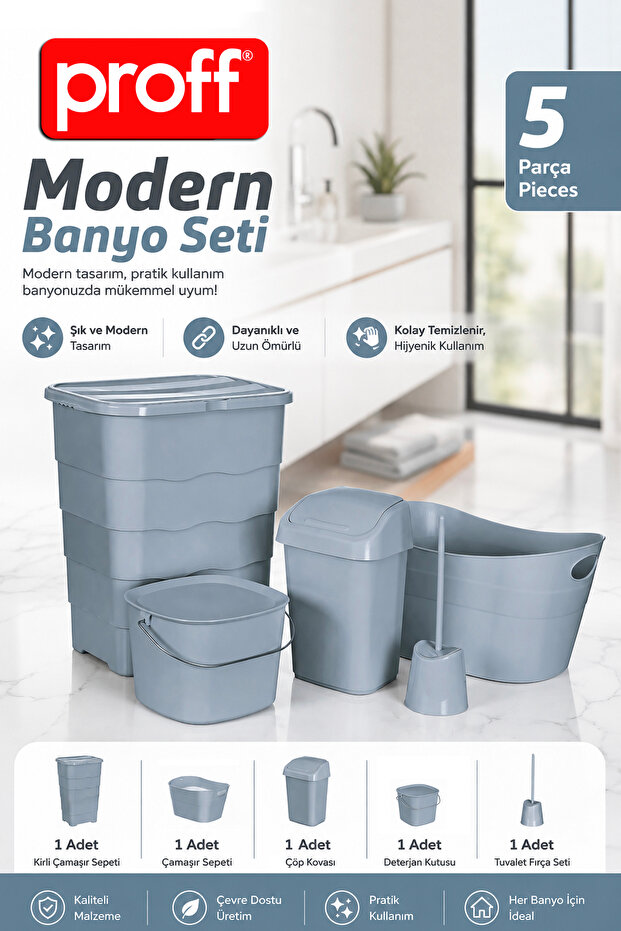 5 Piece Bathroom Set Dirty Laundry Basket Trash Can Detergent Dispenser Toilet Brush