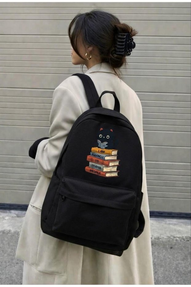 Cat Patterned Black Backpack and Daily Bag with Writing and Book Reading Design