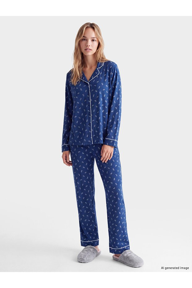 Peak New Season Navy Blue Shirt Collar Printed Women's Pajama Set