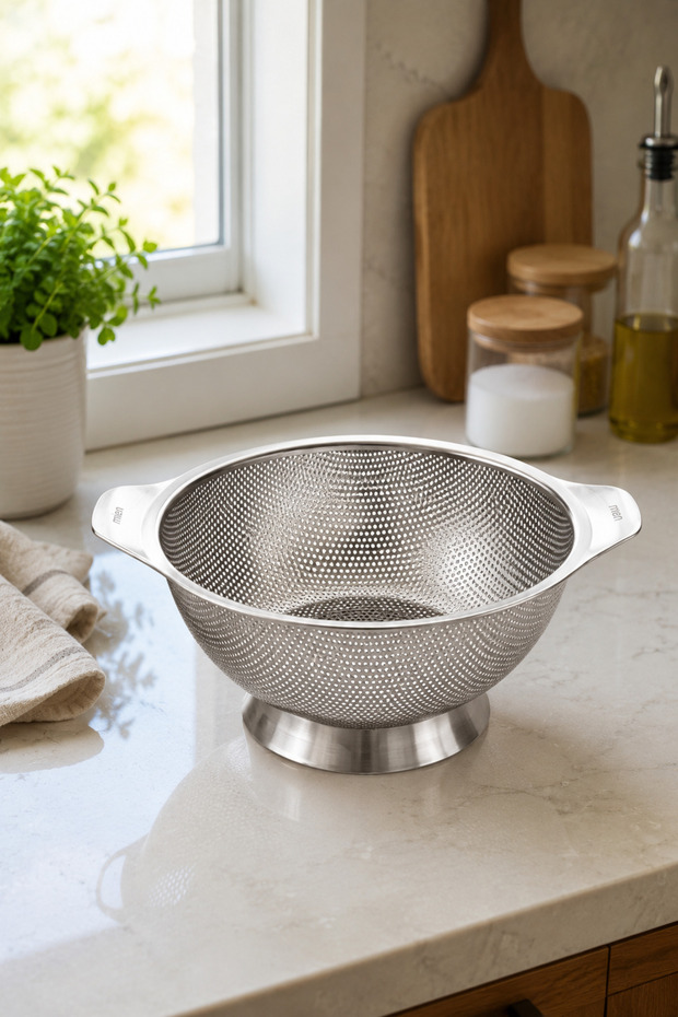 26 cm Stainless Steel Strainer with Handle – Large Kitchen Strainer with Fine-Mesh Feet