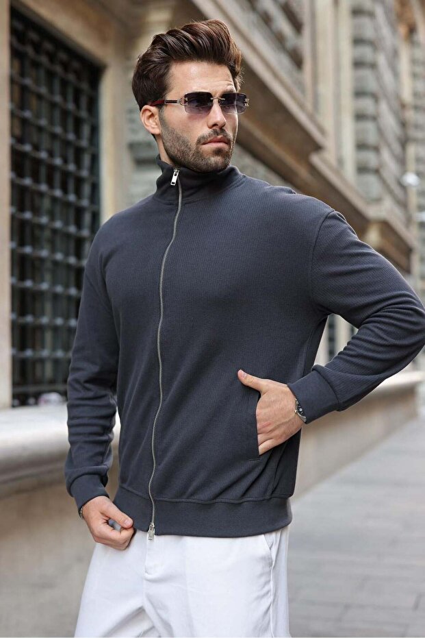 Smoked Stand Collar Men's Knitwear Cardigan with Double Zipper Pockets E7198