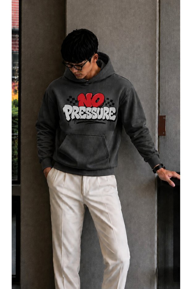 Men's Street Style No Pressure Checkered Detailed Typography Graphic Printed Hooded Men's Sweatshirt