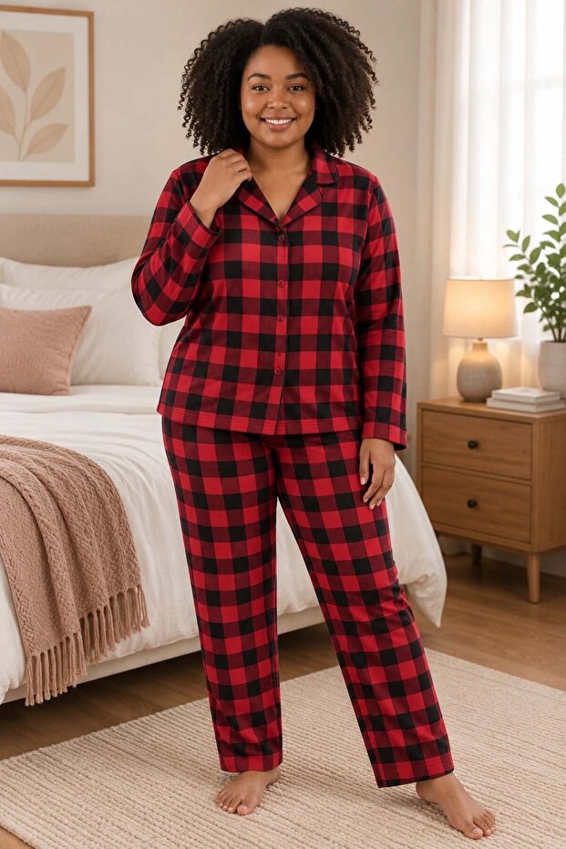 Plus Size Suede Women's Pajama Set Red Black Plaid Patterned