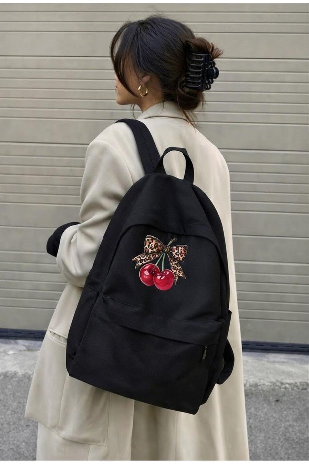 Black Unisex Casual Backpack with Leopard Pattern Bow and Bright Red Cherry Print, School Bag