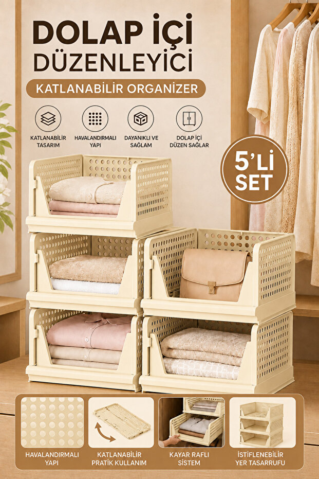 5-Piece Foldable In-Cabinet Organizer - Foldable Sliding Shelf Stackable Clothing Organizer