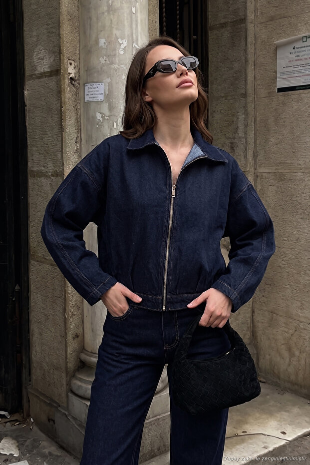 Cotton Zippered Bomber Denim Jacket Women's Denim Jacket 7031003