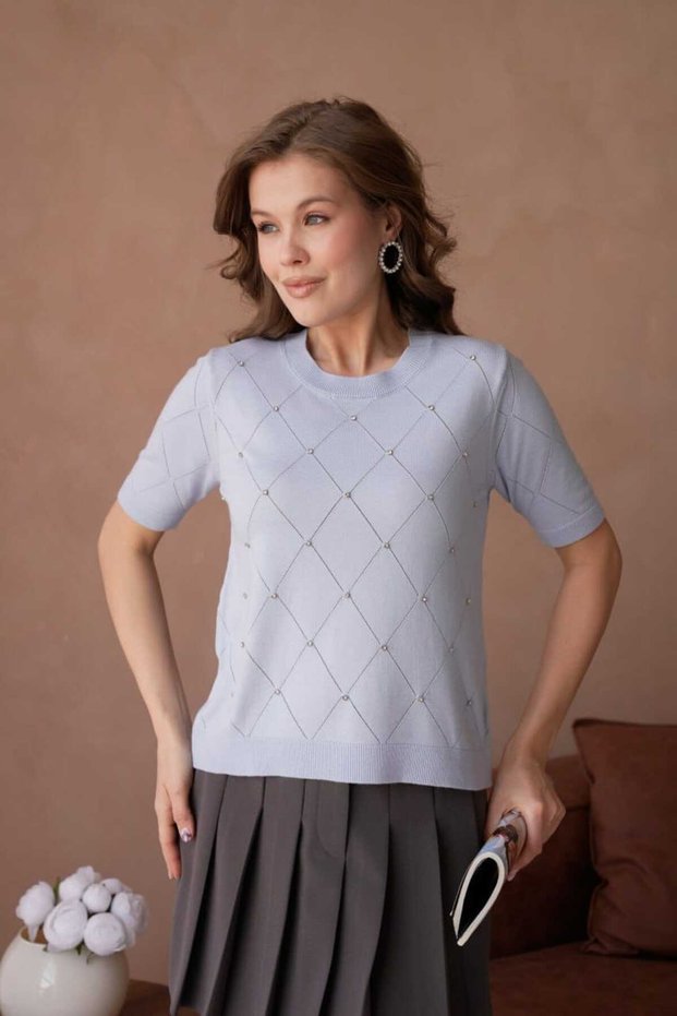 Women's Stone Detailed Diamond Patterned Short Sleeve Knitwear Blouse