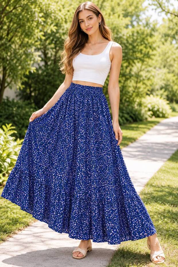 Women's Blue Multi-Colored Crispy Floral Patterned Long Skirt with Elastic Waist
