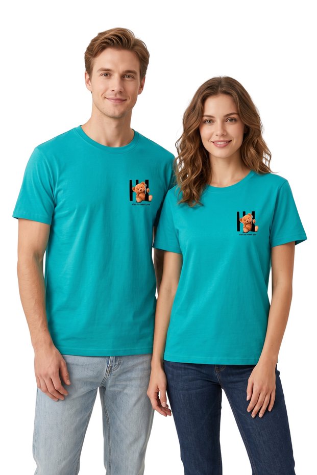 Nice to Meet You Teddy Bear Printed Green T-Shirt 100% Cotton Comfortable Fit