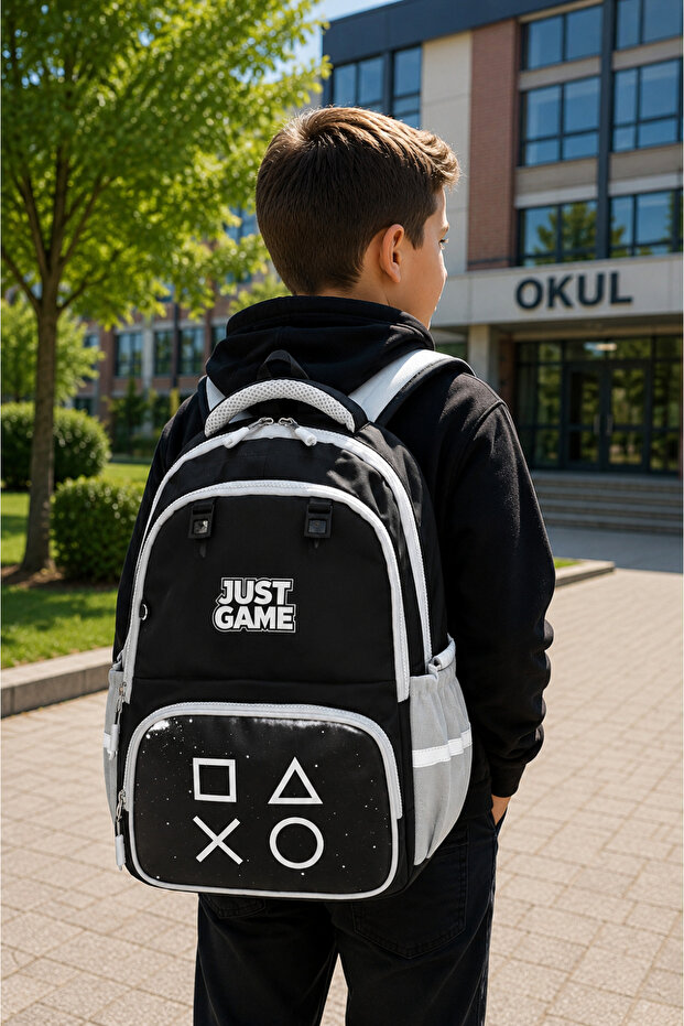 Just Game 3-Piece Boys' School Bag Set Game Console Patterned Water Resistant