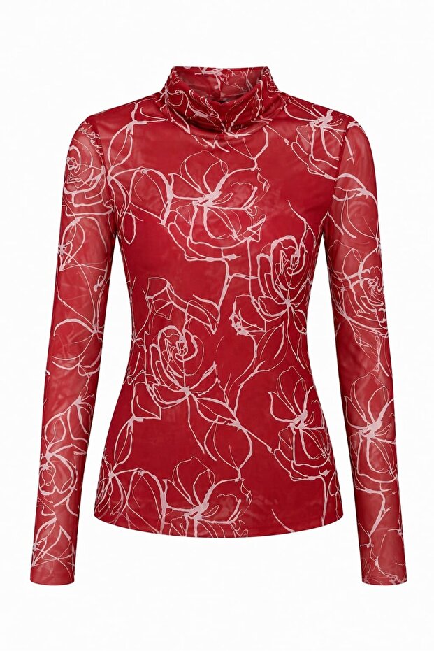 Patterned Transparent Tulle Long Sleeve Blouse Fk3535