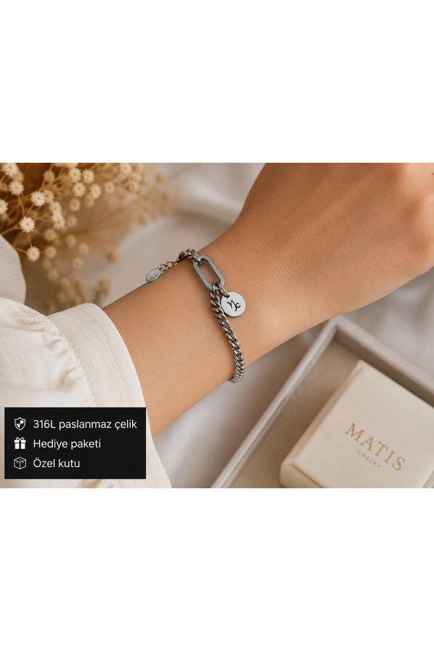 Zodiac Symbol Steel Chain Bracelet – Modern Plate Detail Stylish Women's Accessory
