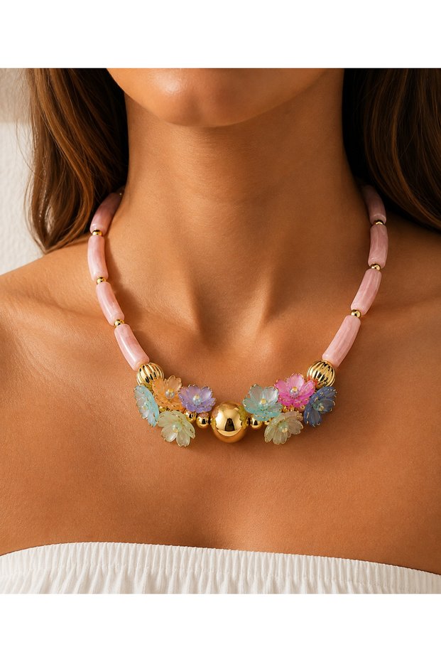 Flower Bouquet Pink Acrylic Necklace
