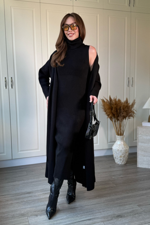 Black Knitwear Dress with Turtleneck Cardigan