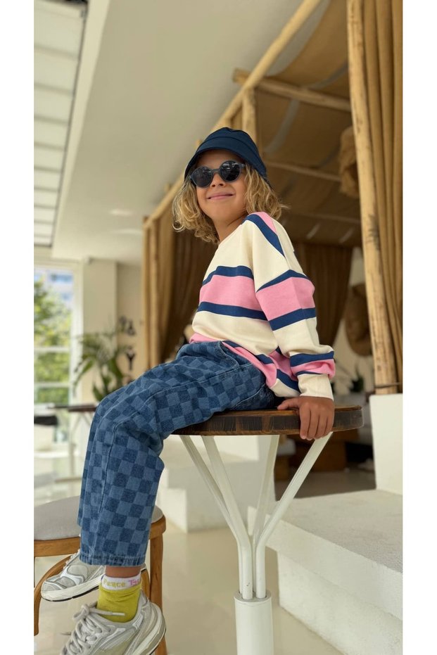 Girls' and Boys' Cotton 3-Ply Sweatshirt Checked Jeans Pants Top and Bottom Set 3-10 Years