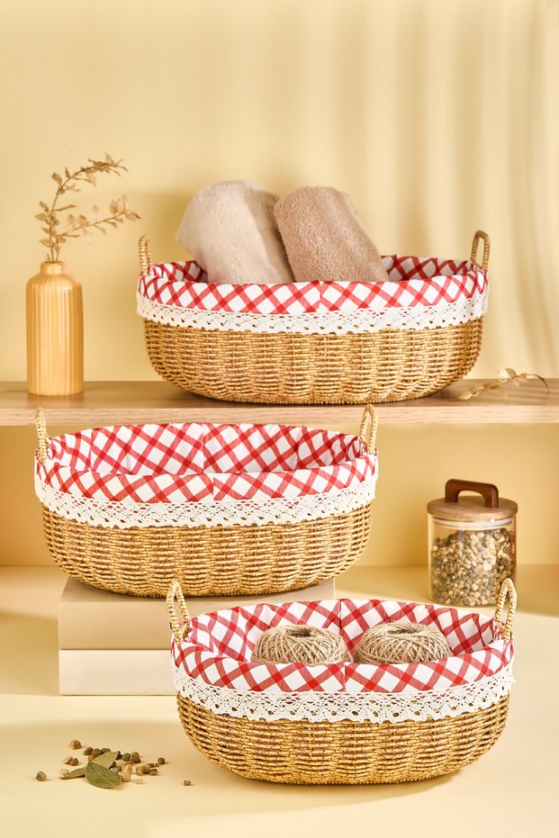 Rattan Look Oval 3-Piece Multi-Purpose Organizer Basket Set with Handles and Plaid Fabric