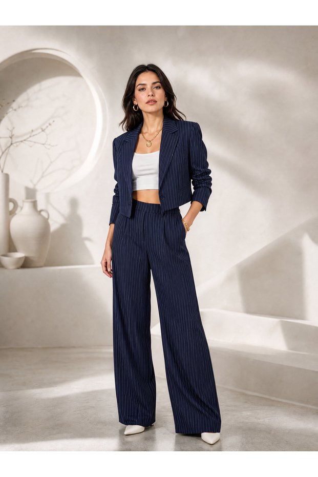 Office Comfort! Women's Thin Striped Long Sleeve Crop Jacket and High Waist Wide Leg Pants Two Piece Set