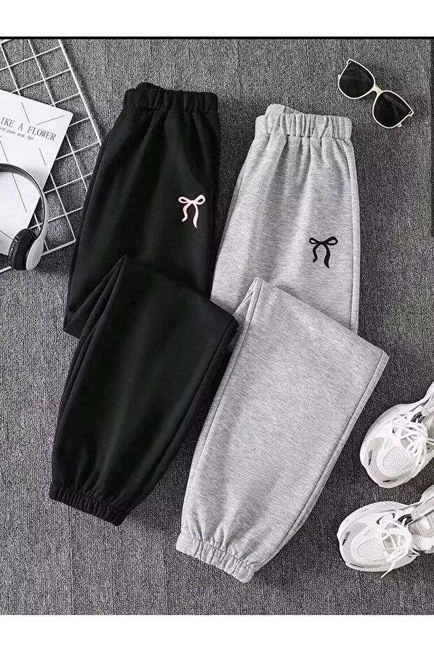 Girl's 2-Pack Bow Printed Sweatpants (Black-Grey)