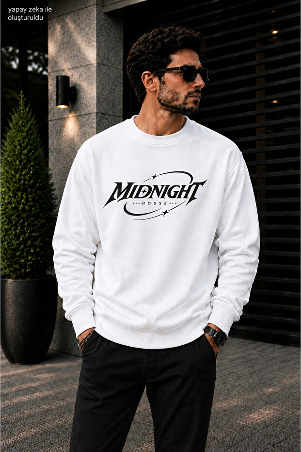 Men's Midnight House Typography Printed Cycling Round Neck Casual Sweatshirt