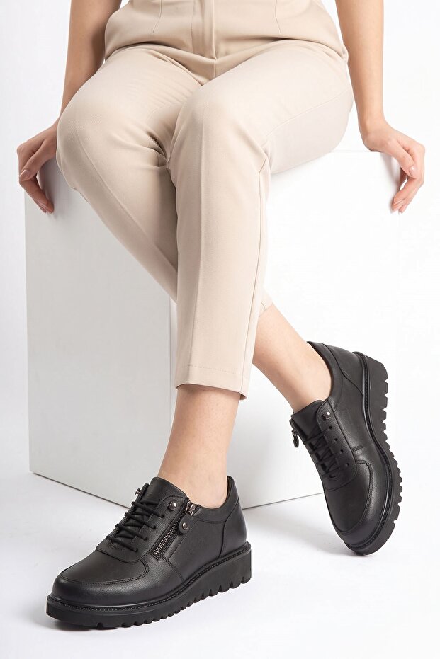 Cles yan zipper elastic genuine leather orthopedic women's shoes black skin