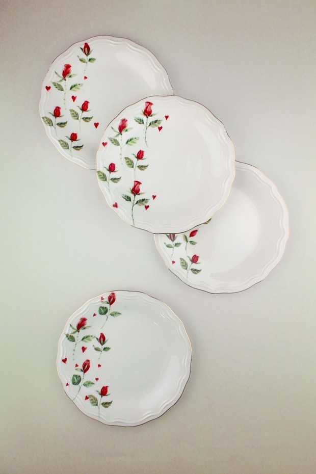 Red Rose Gold Gilded 4-Piece Porcelain Cake Plate
