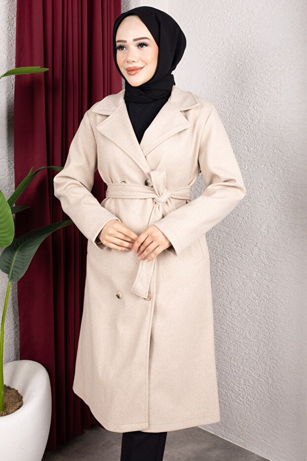 Double-Breasted Collar Belted Buttoned Front Cashmere Coat 110cm - Stone