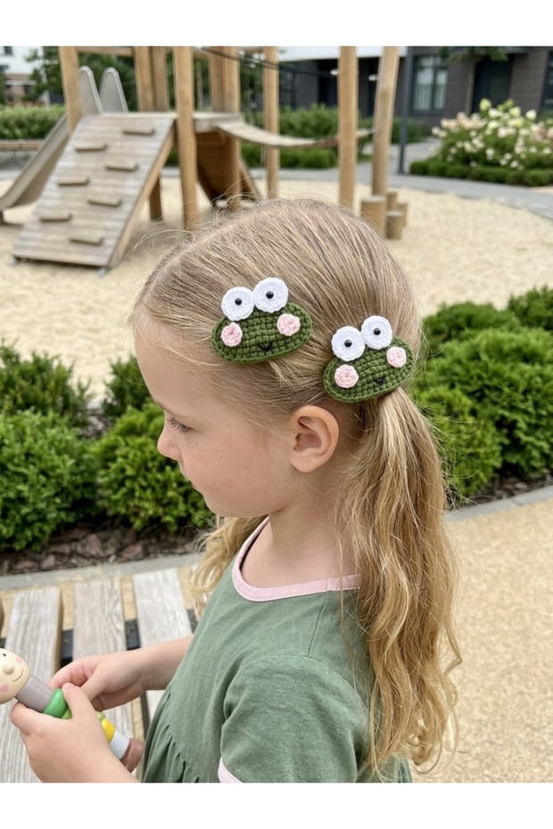Set of 2 Amigurumi Cute Frog Figured Snap Buckle Hair Clips Organic Cotton Children's Hair Clips