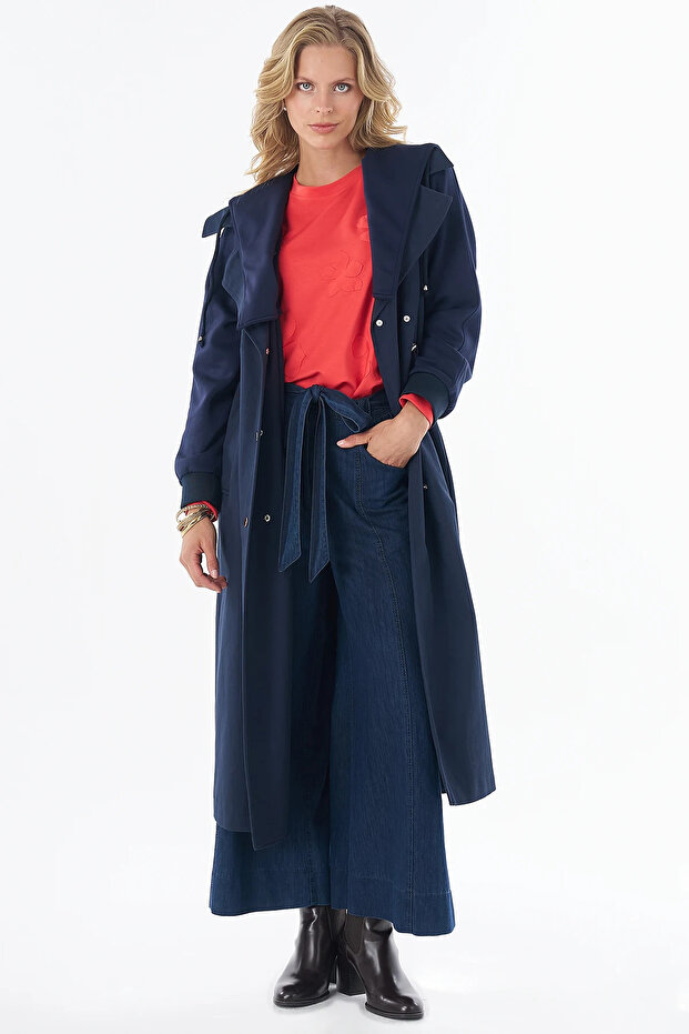 Waist Drawstring Trench Coat Navy Blue