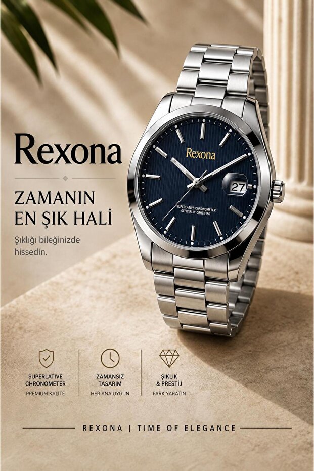Men's Wristwatch – Navy Blue Dial Steel Band 42 mm with Calendar Display