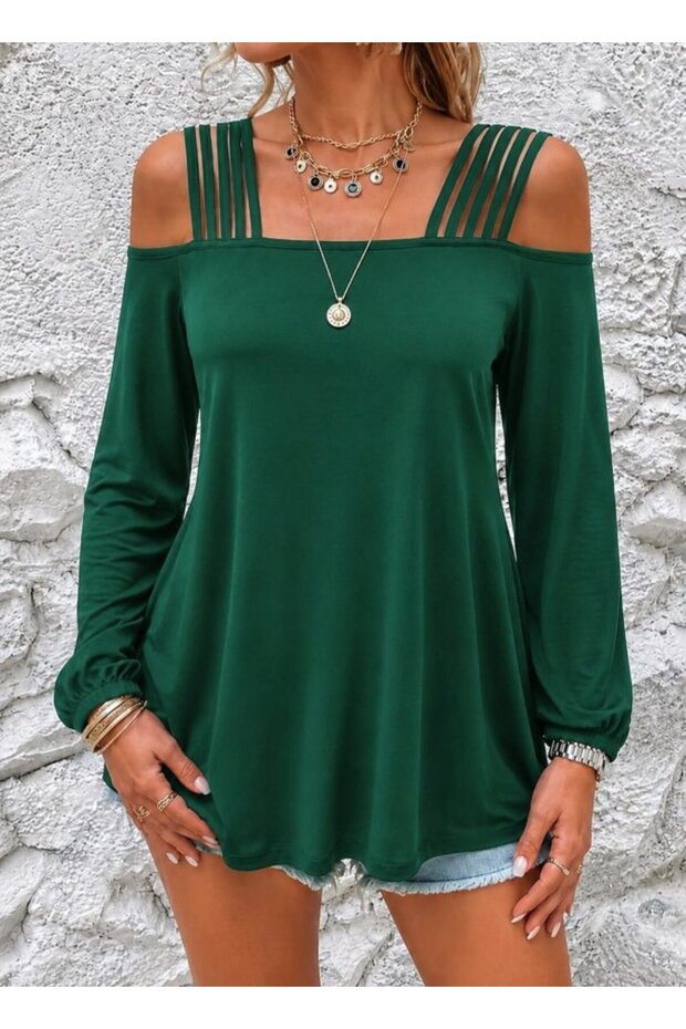 Women's Long Sleeve Viscose Blouse with Open Stripe Detail on the Shoulders