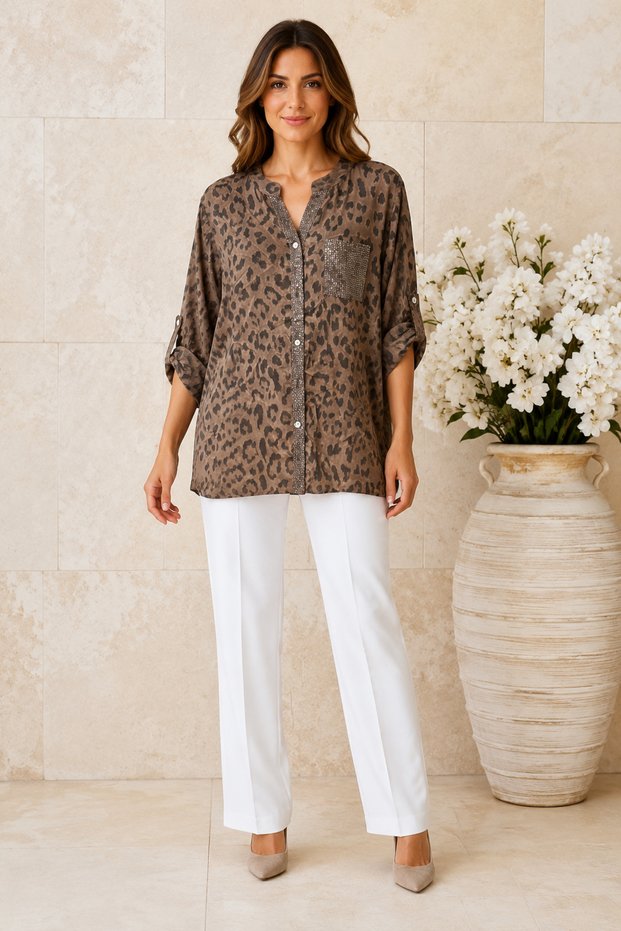Women's Italian Viscose Fabric Notched Collar Three Quarter Sleeve Sequin Pocket Shirt 44-48