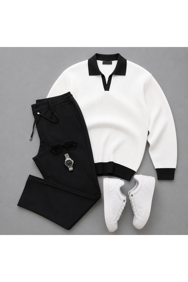 Polo Collar Knitwear Sweatshirt and Jogger Pants 2-Piece Combination