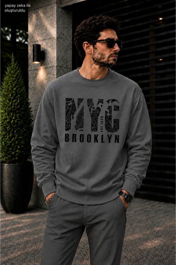 Men's Nyc Brooklyn City Map Printed Cycling Round Neck Casual Sweatshirt