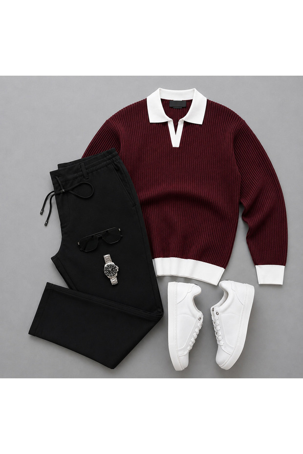Polo Collar Knitwear Sweatshirt and Jogger Pants 2-Piece Combination