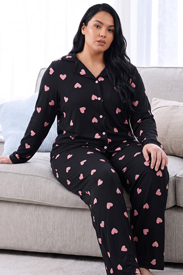 Black Patterned Thermal Fabric Ultra Soft Plus Size Oversized Buttoned Knitted Pajama Set
