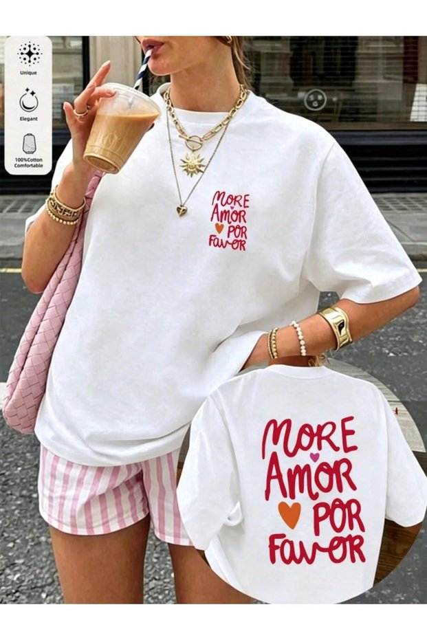 More Amor Por Favor Red Text Printed Crewneck T-Shirt
