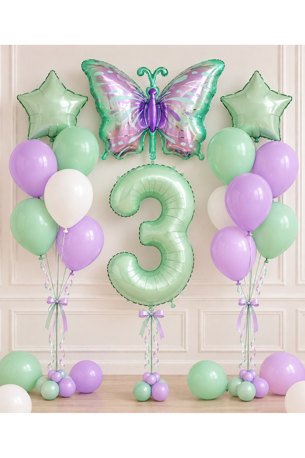 Party 3 Year Old Balloon Set Butterfly Themed Mint Lilac Birthday Decoration Number Foil Balloon Party Decor